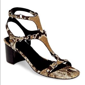 Sigerson Morrison snake skin print leather sandals.